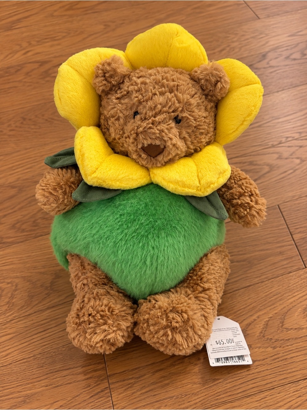 Jellycat Brown Bear in Yellow Flower Hood with Green Body Plush